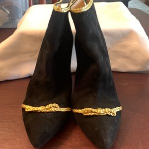 Charlotte Olympia black suede with gold trim bootie